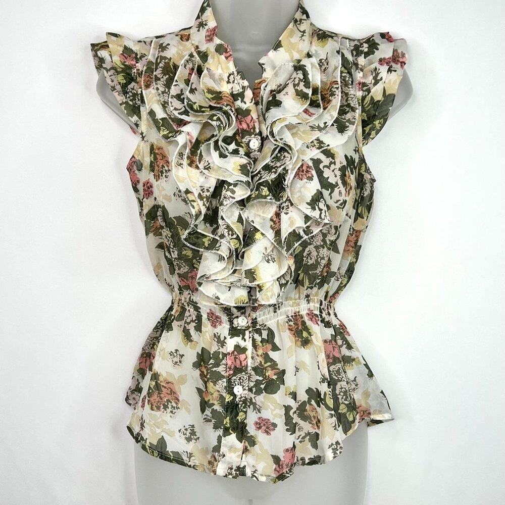579 Floral Sheer Ruffle Front Blouse S